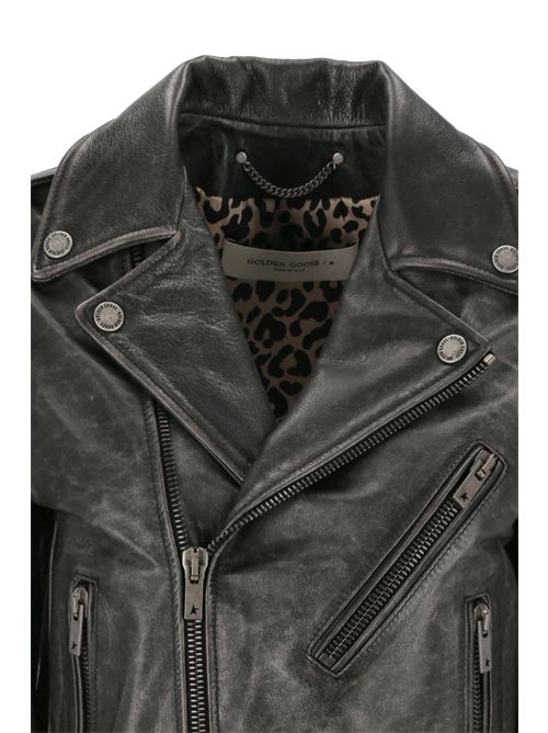 Brown leather distressed-effect leather biker jacket Golden Goose | GWP00848P00064790100